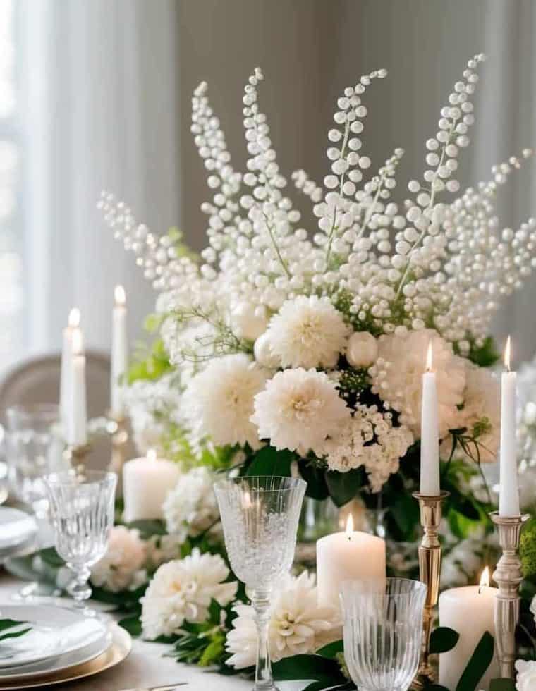 Elegant dining table set with white plates, crystal glasses, gold cutlery, white candles, and a large floral centerpiece featuring white flowers and greenery.