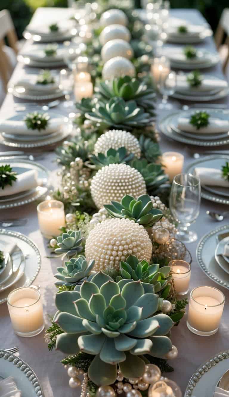 A dining table set with pearl and succulent centerpieces, candles, floral arrangements, and elegant dinnerware under natural light.
