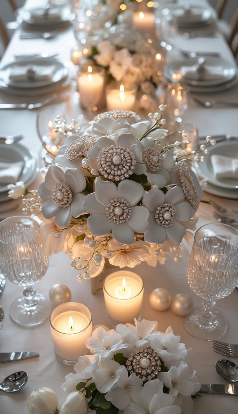 A dining table set with plates, glasses, cutlery, pearl brooch bouquet centerpiece, candles, and flowers under natural light.