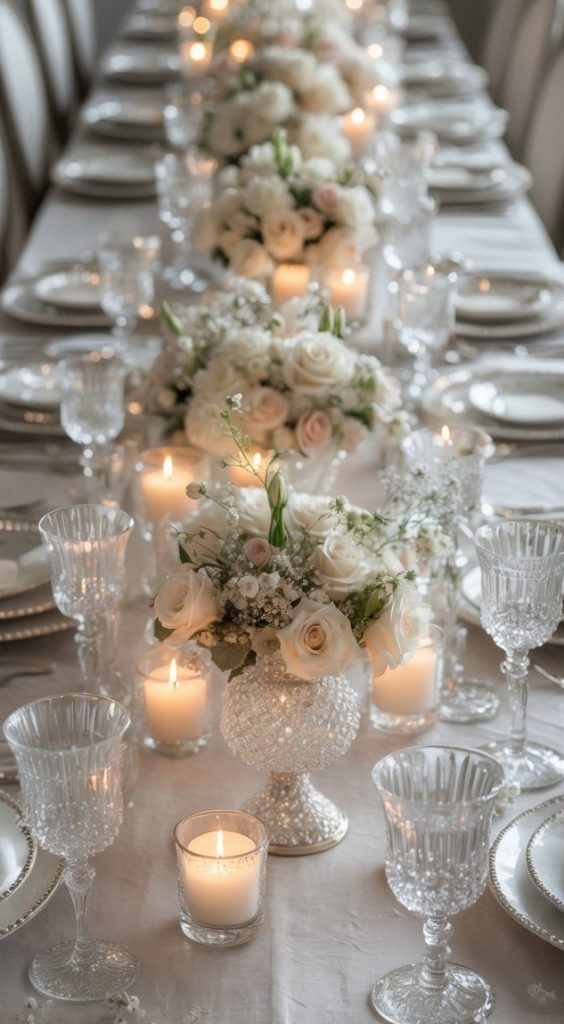 A long, elegant dining table is set with white plates, crystal glasses, white floral centerpieces, and lit candles, creating a formal and sophisticated atmosphere.