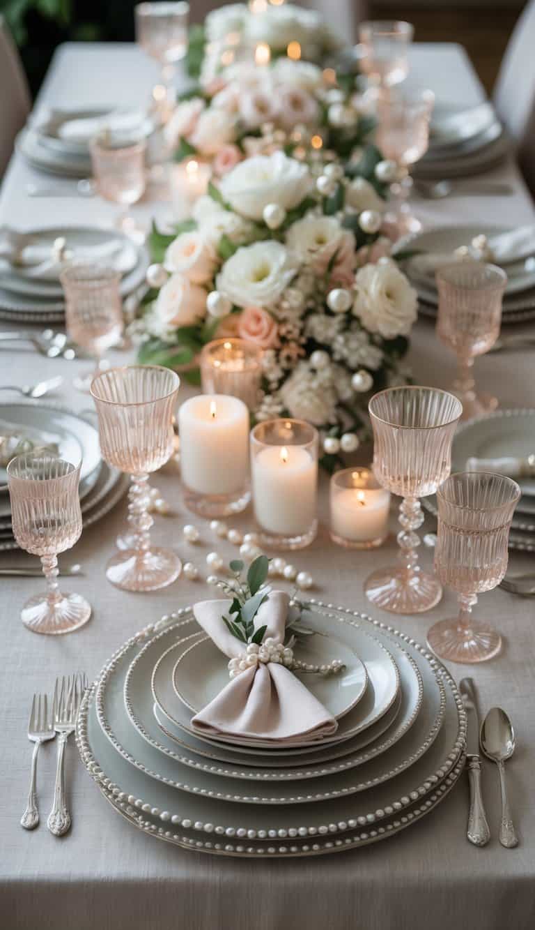 A dining table set with pearl-tinted water goblets, elegant dinnerware, silver flatware, floral centerpieces, and lit candles.