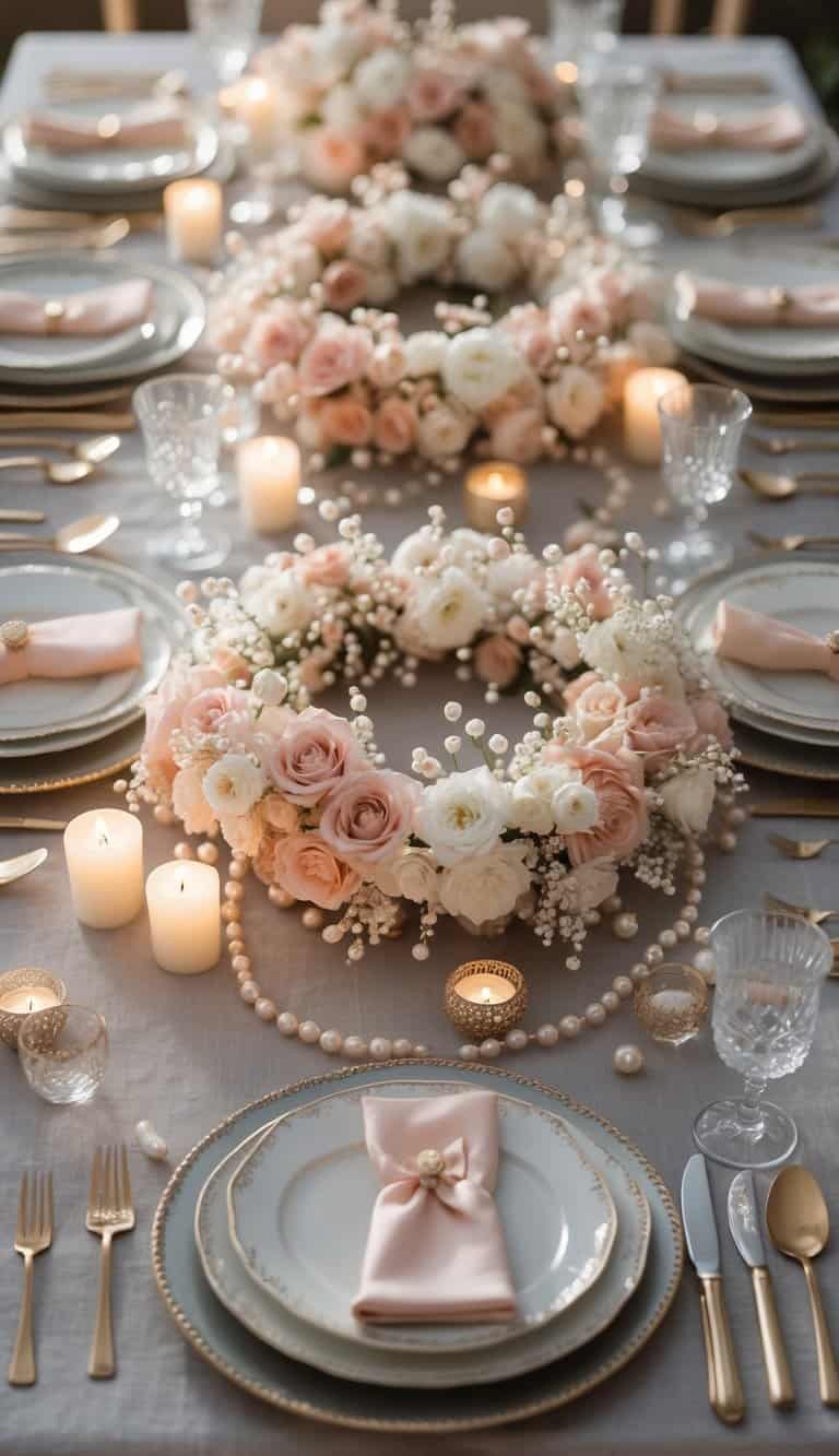 A dining table set with plates, glasses, cutlery, a floral wreath centerpiece with pearl accents, and candles.