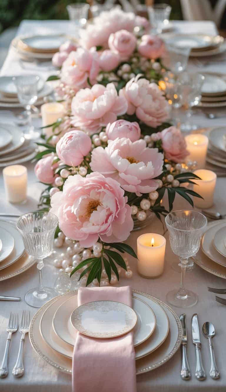 A dining table set with plates, glasses, cutlery, pink peony and pearl centerpiece, and candles in natural light.