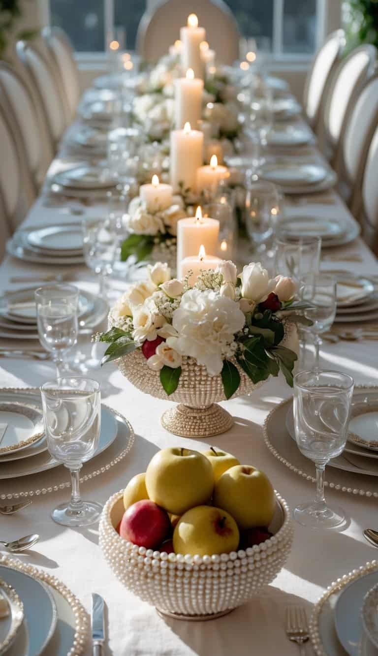 A dining table set with pearl-dusted fruit bowls, dinnerware, candles, and floral centerpieces under natural light.