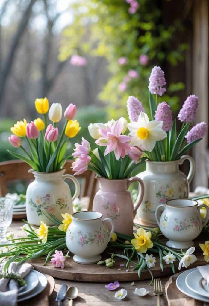 A wooden table set with floral-patterned ceramic pitchers and cups, holding arrangements of tulips, daffodils, and hyacinths, with greenery and flowers in the background.