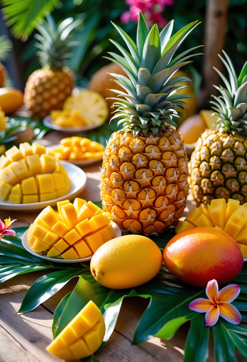 A tropical tablescape with fresh pineapples and mangoes arranged on a wooden table with tropical leaves and flowers.