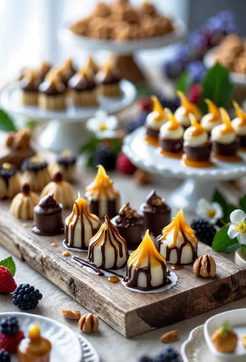 A grazing table with bite-sized desserts drizzled with chocolate and caramel, arranged with berries and edible flowers.