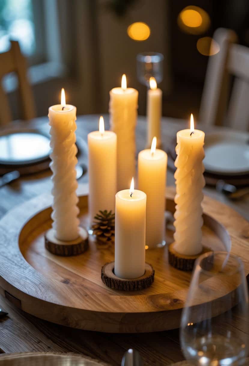 A round wooden dining table with a wooden tray holding lit candles of different heights as a centerpiece.
