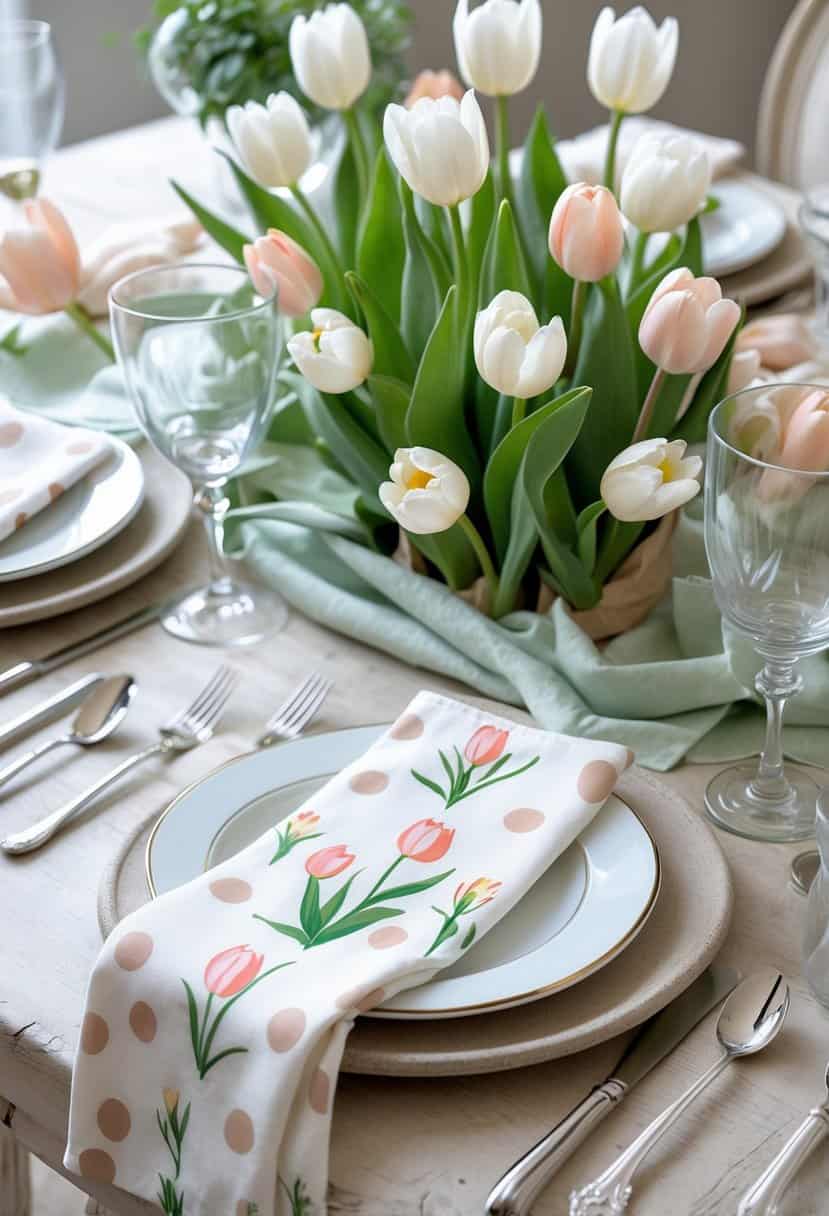 A dining table set with polka dot napkins featuring tulip designs, tulip flowers in a centerpiece, plates, silverware, and glassware arranged neatly.