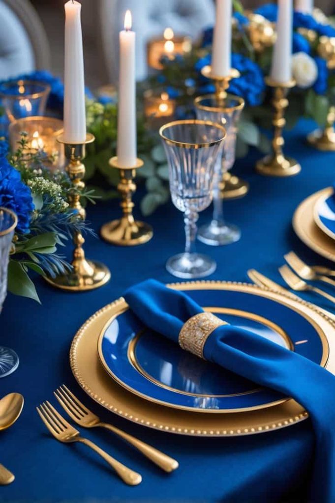 Elegant table setting with gold-rimmed plates, blue napkins, gold cutlery, tall white candles, and blue floral arrangements on a blue tablecloth.