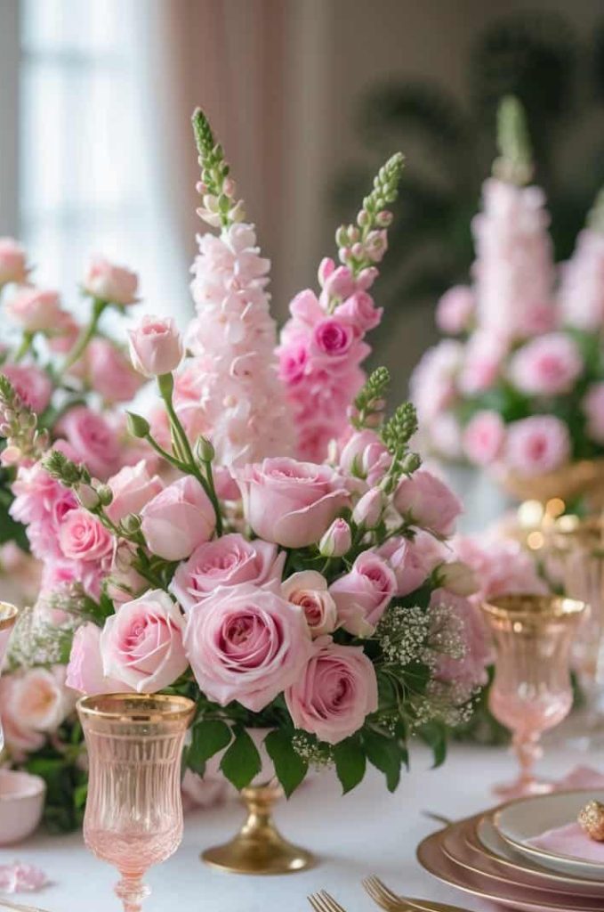A formal table setting with gold-rimmed glassware and plates, featuring a centerpiece of pink roses and snapdragons in a gold vase.
