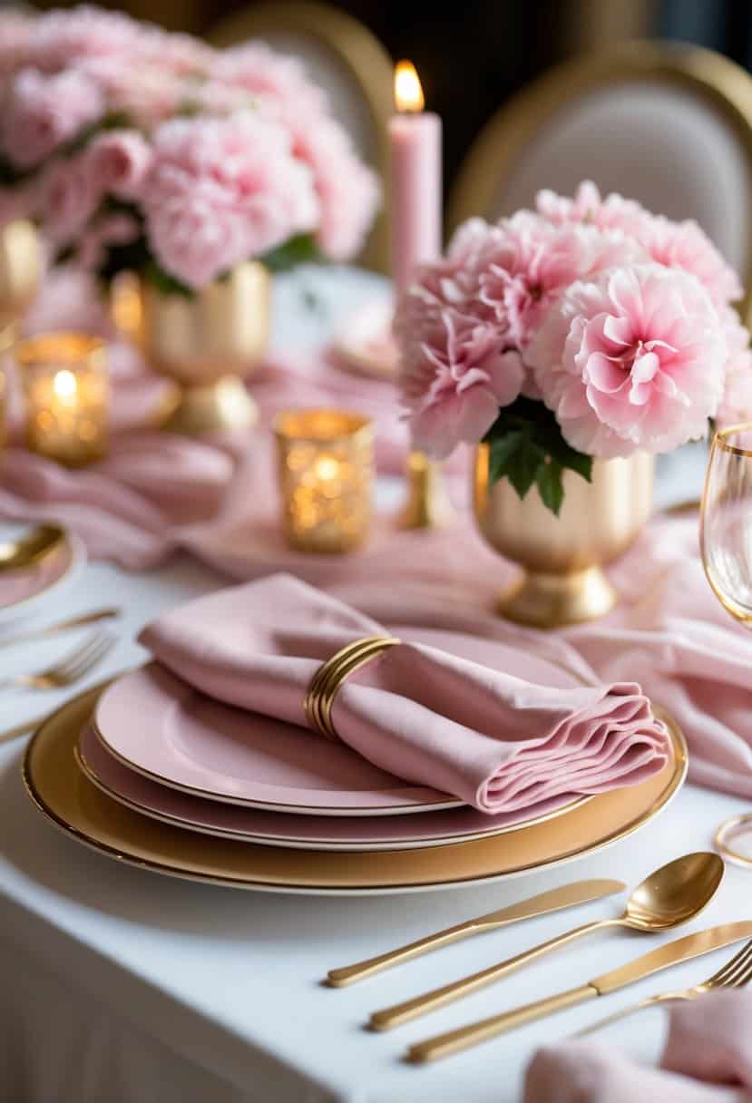 A table set with layered pink and gold plates, gold cutlery, pink napkins, and pink flower centerpieces on a decorated dining table.
