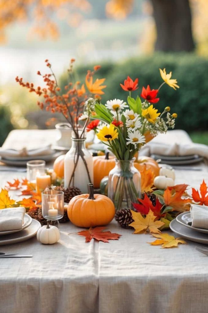 A table set outdoors with autumn-themed decorations, including pumpkins, candles, pinecones, fall leaves, and floral arrangements on a beige tablecloth.