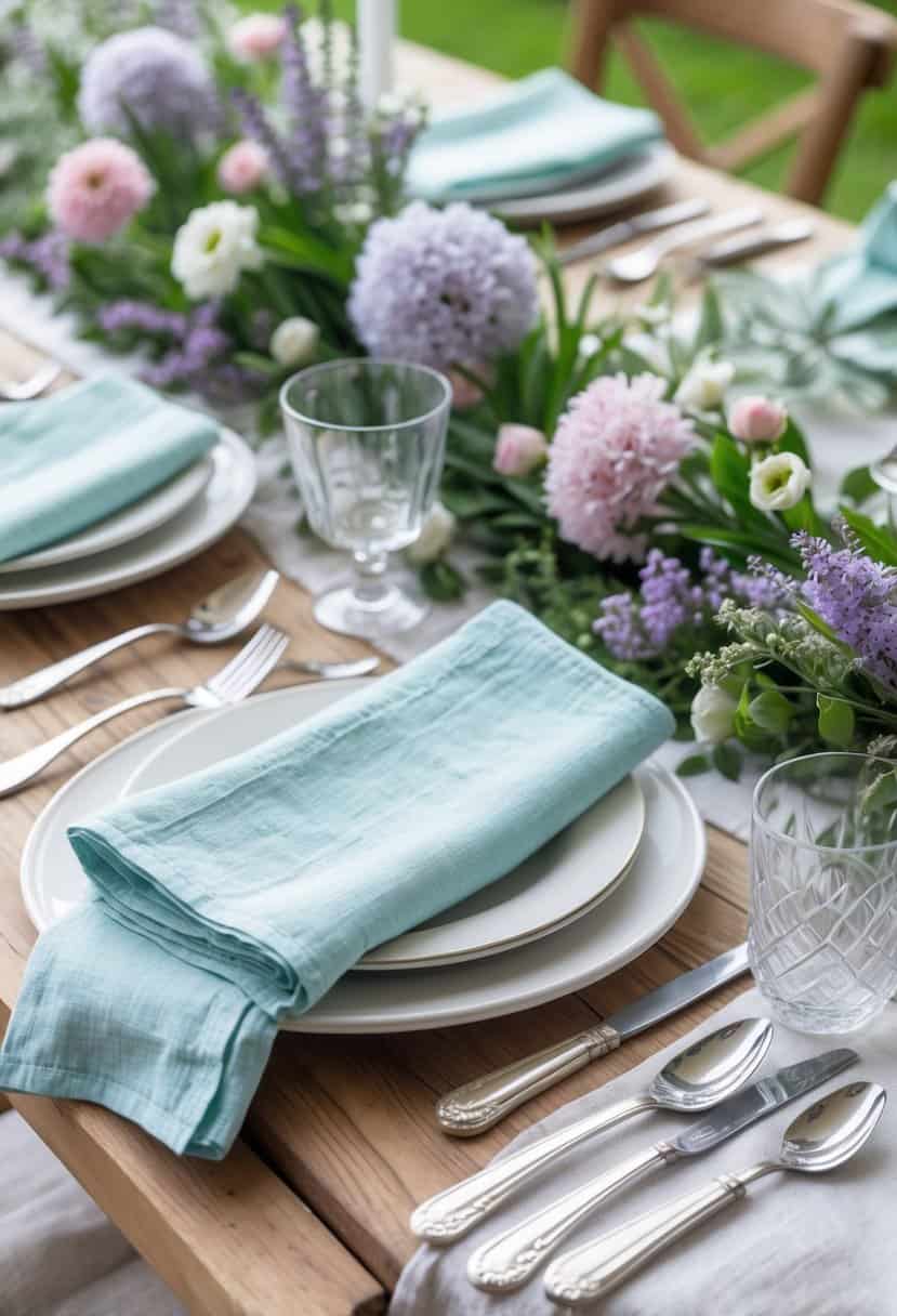 A wooden dining table set outdoors with pastel linen napkins, white plates, glassware, silver cutlery, and spring flowers.