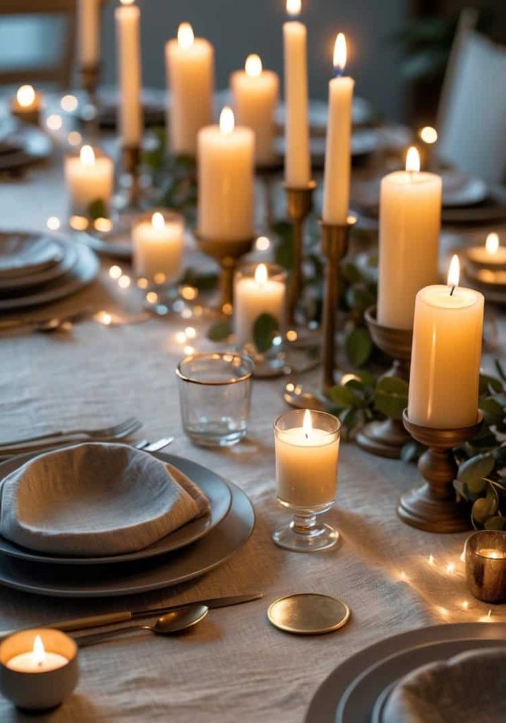A dining table set with plates, napkins, cutlery, and various lit candles of different sizes, creating a warm and inviting atmosphere.