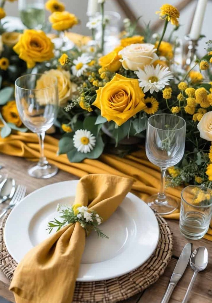 A wooden table set for a meal with white plates, yellow napkins, glassware, and a centerpiece of yellow and white flowers and greenery.