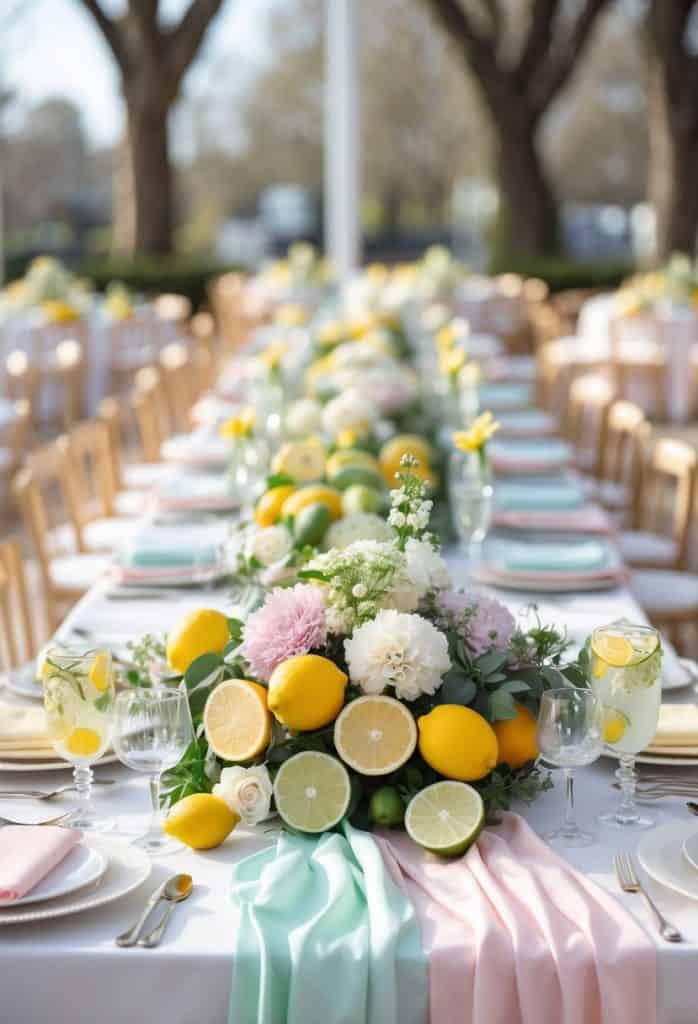 A long outdoor dining table is decorated with pastel napkins, floral arrangements, and assorted citrus fruits, set with plates, glasses, and silverware.