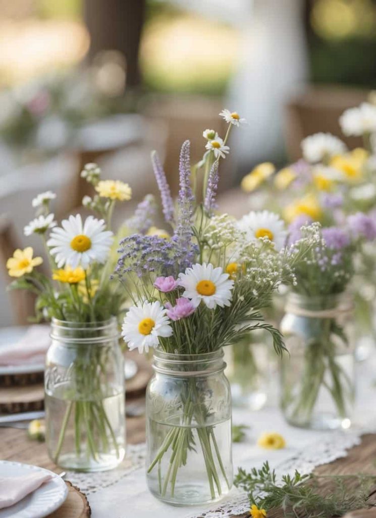 Three glass jars filled with assorted wildflowers, including daisies, are arranged on a wooden table set for a meal with plates and cutlery.