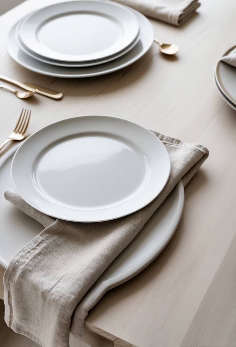 A simple table setting with white plates and folded linen napkins beside each plate on a wooden table.