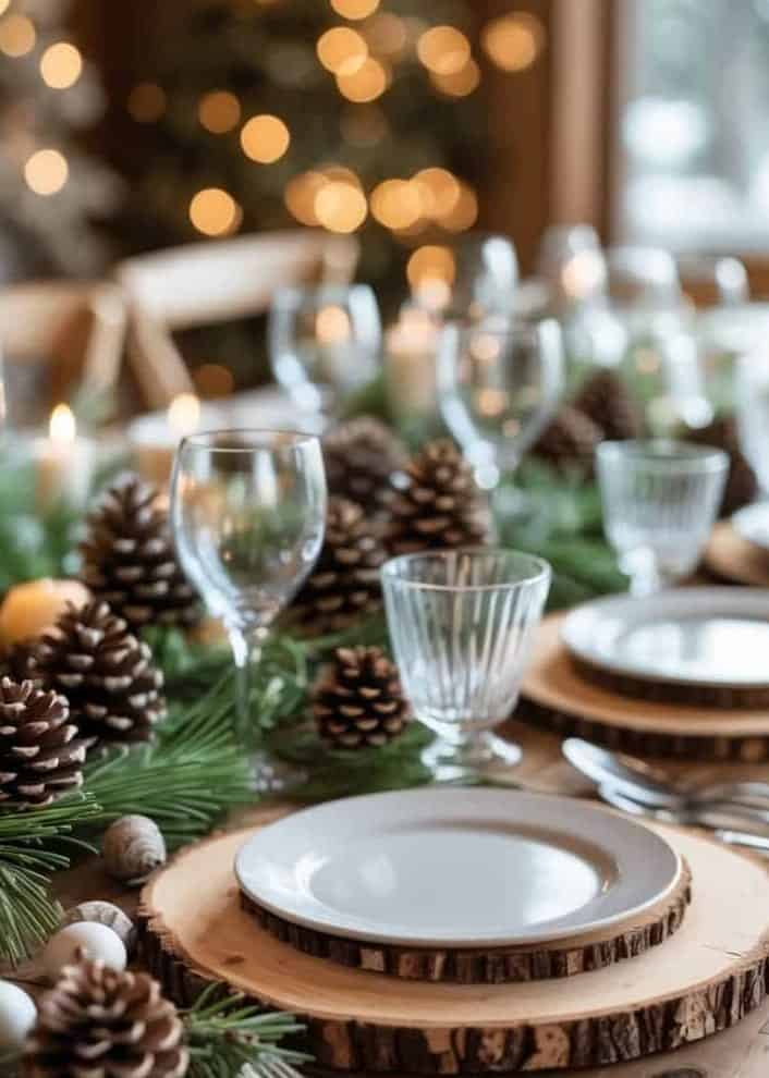 A wooden table set with white plates on wood slice chargers, surrounded by pinecones, evergreen branches, candles, and glassware, with warm lights in the background.