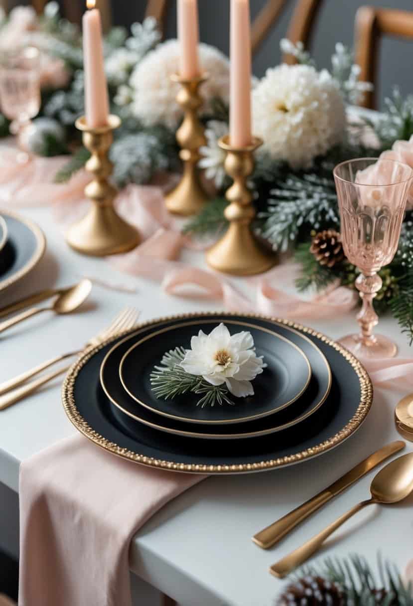 A winter wedding table set with black plates, gold candleholders, and blush-colored floral accents.