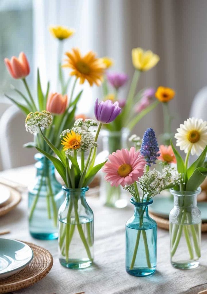 Several glass vases with colorful spring flowers decorate a dining table set with plates and woven placemats.