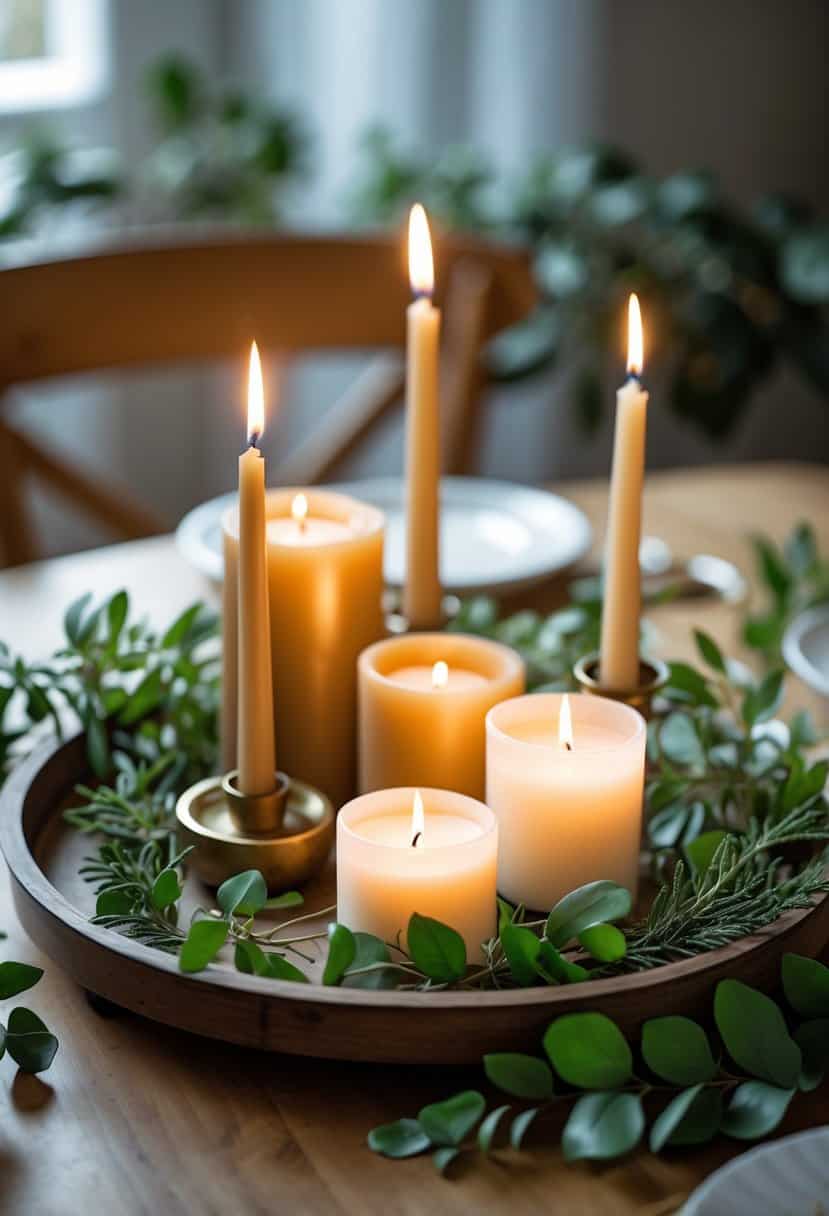 A wooden table with a tray holding lit candles and green leaves in the center.