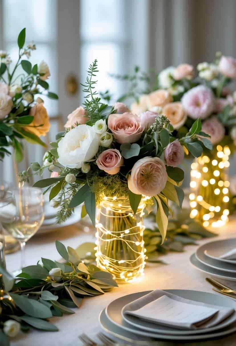A table with floral centerpieces wrapped in glowing fairy lights, surrounded by elegant tableware.
