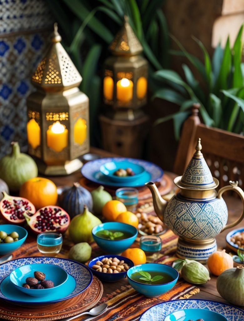 A table set with blue-patterned dishes, a teapot, bowls of nuts and fruit, pomegranates, candles in lanterns, and plants in the background.