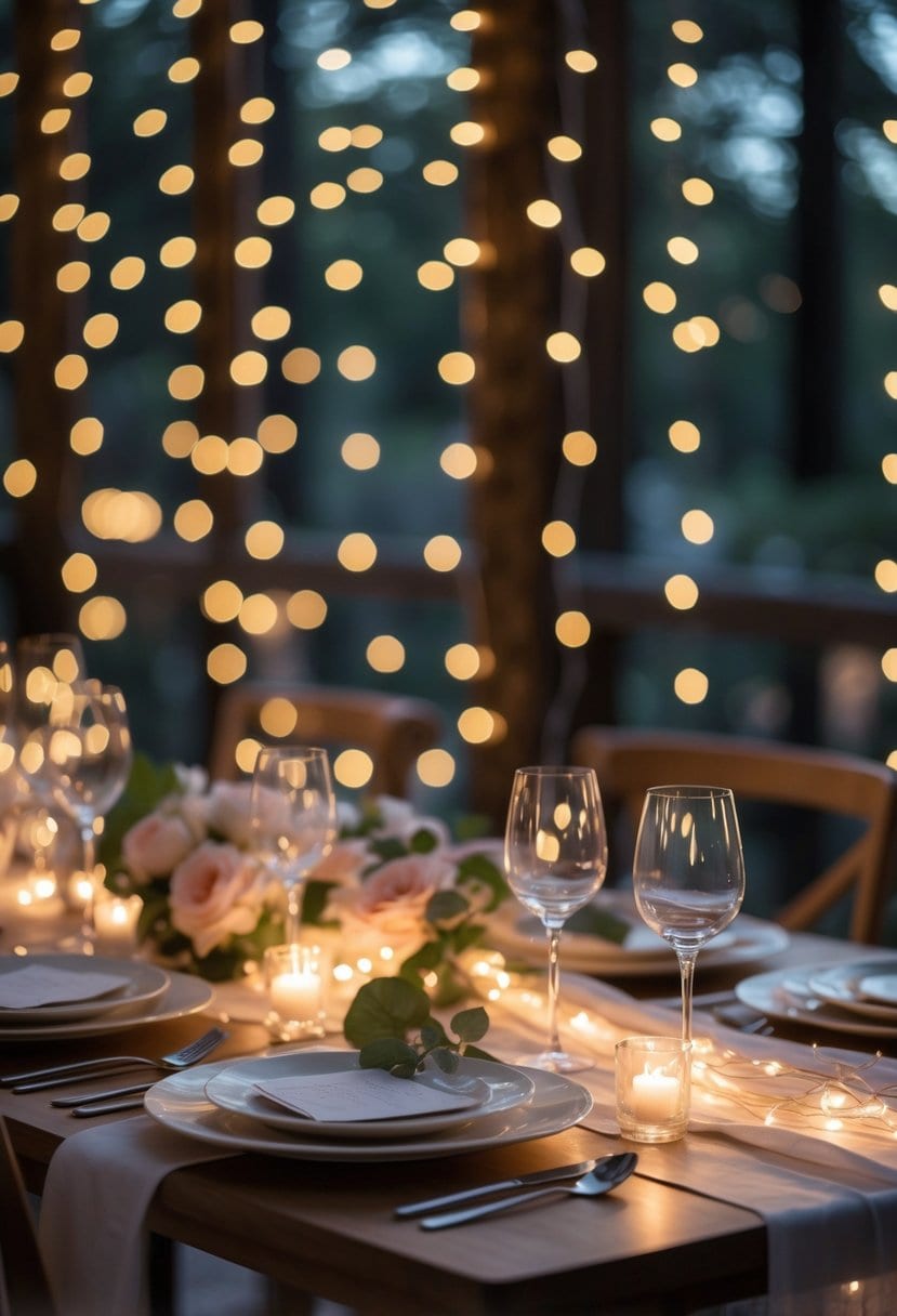 A dining table with fairy lights draped above, creating a warm and romantic glow over the table setting.