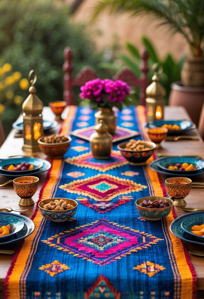 A table set outdoors with colorful geometric-patterned runners, brass lanterns, ceramic dishes, tea glasses, and bowls of nuts and dried fruits.