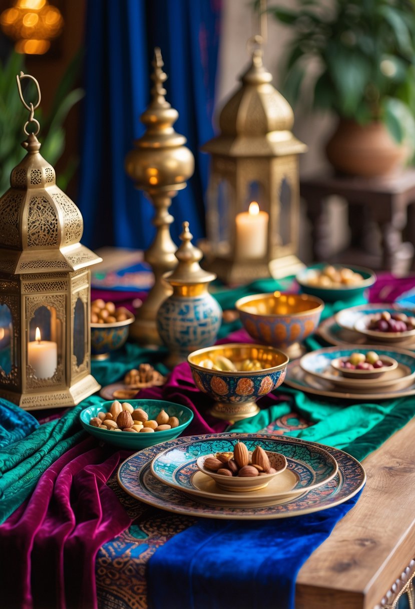 A table layered with rich velvet and silk fabrics, decorated with brass lanterns, ceramic bowls, and traditional Moroccan tableware.
