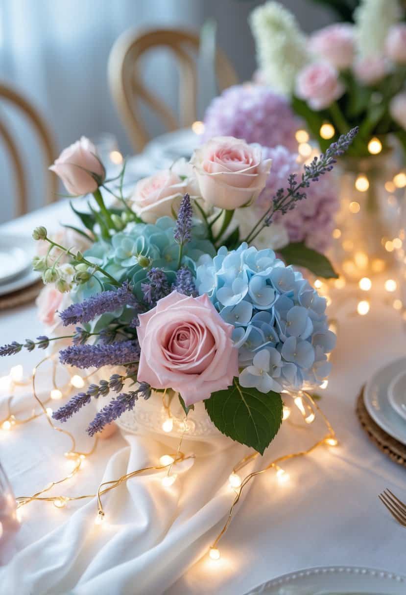 A table decorated with pastel-colored flowers and warm white fairy lights creating a bright and inviting spring setting.
