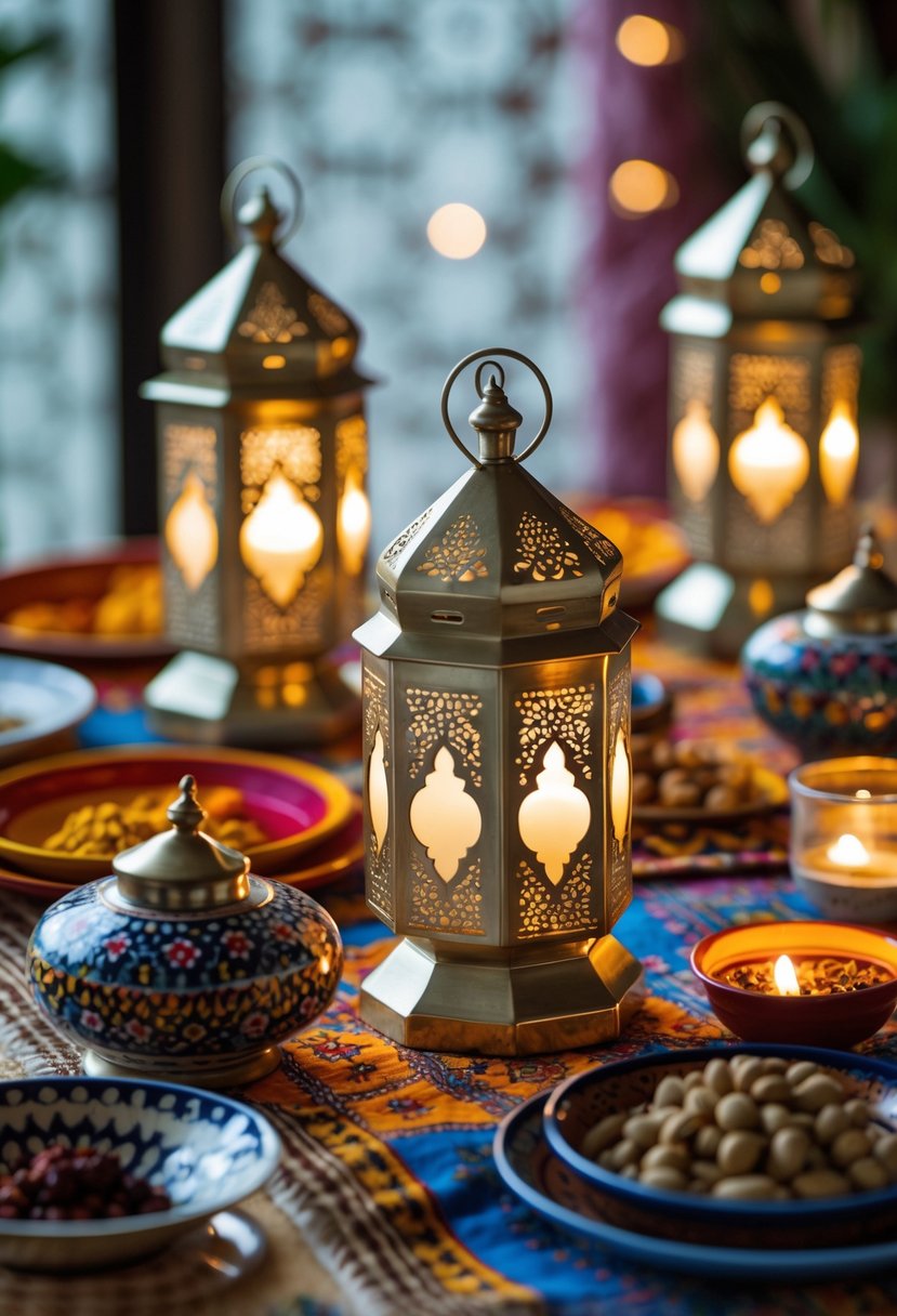 A table set with brass and silver lanterns, colorful textiles, and ceramic dishes, softly lit by warm ambient light.