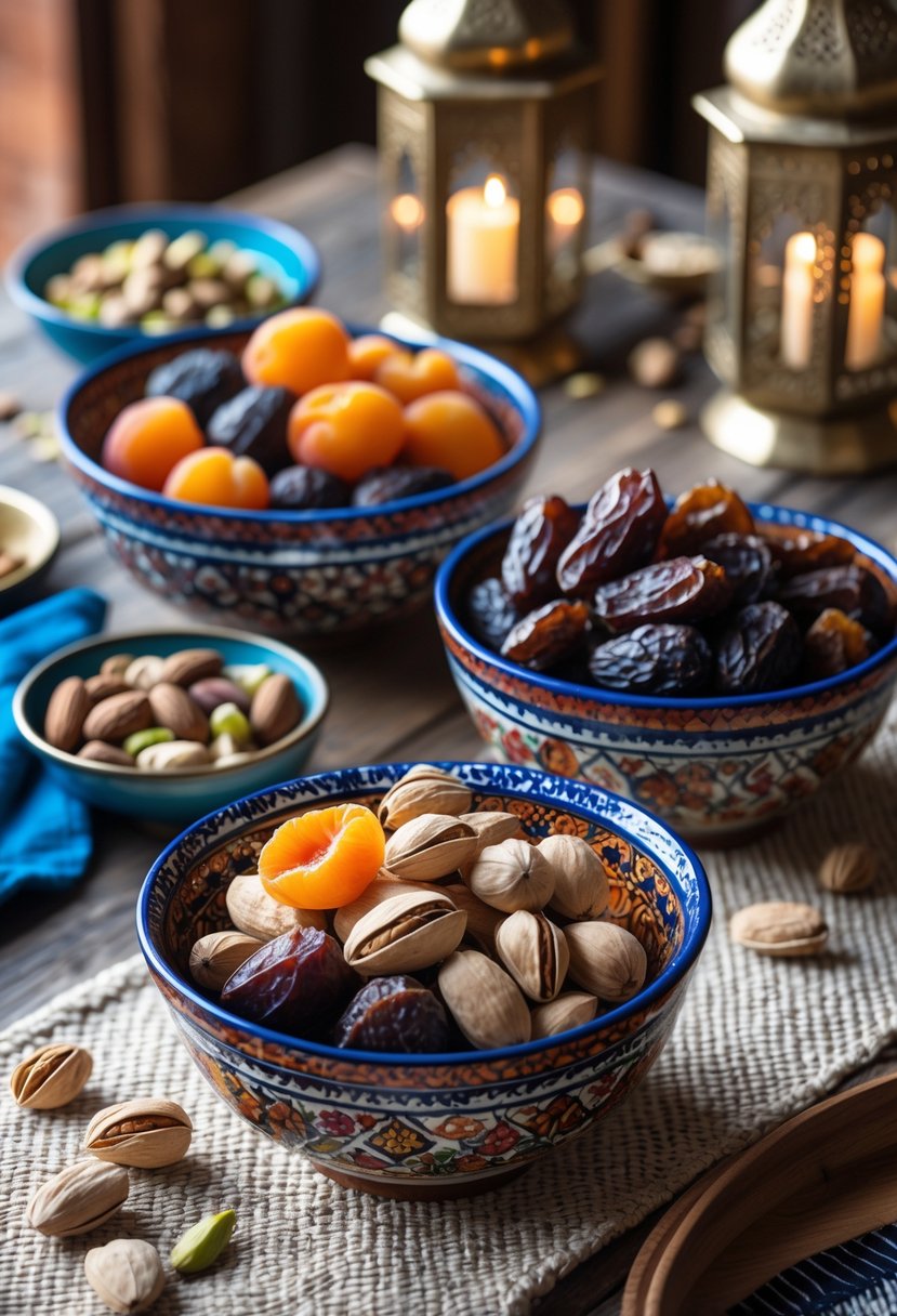 Decorative ceramic bowls filled with dried fruits and nuts arranged on a wooden table with Moroccan-style decorations.