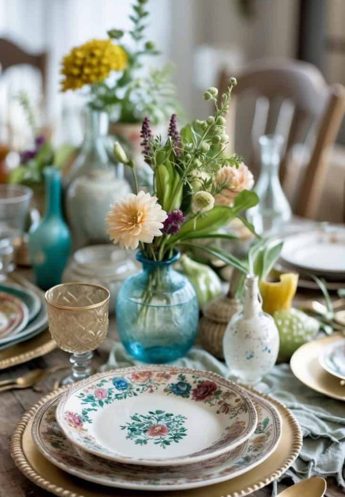 A rustic wooden table is set with floral-patterned plates, gold cutlery, glassware, and vases filled with fresh flowers and greenery.