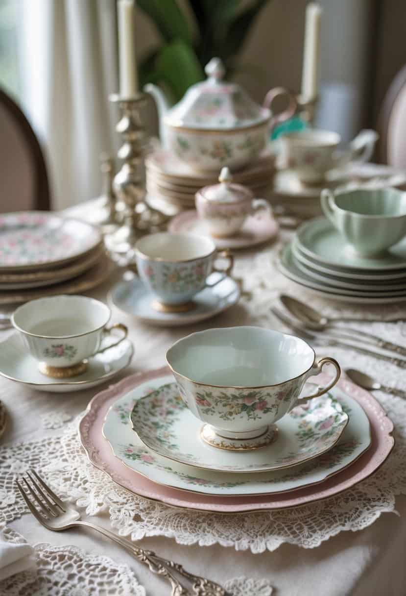 A table set with a variety of vintage china plates and teacups arranged together in an inviting display.
