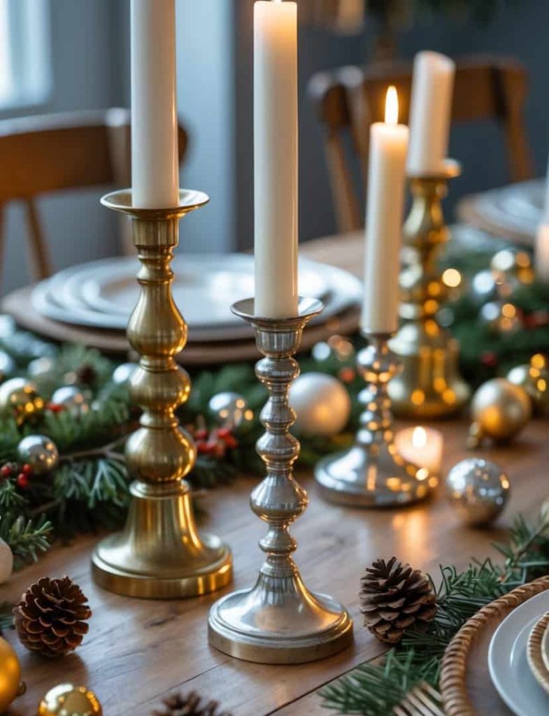 A festive dining table is decorated with gold and silver candlesticks, white candles, pinecones, evergreen branches, and gold ornaments.