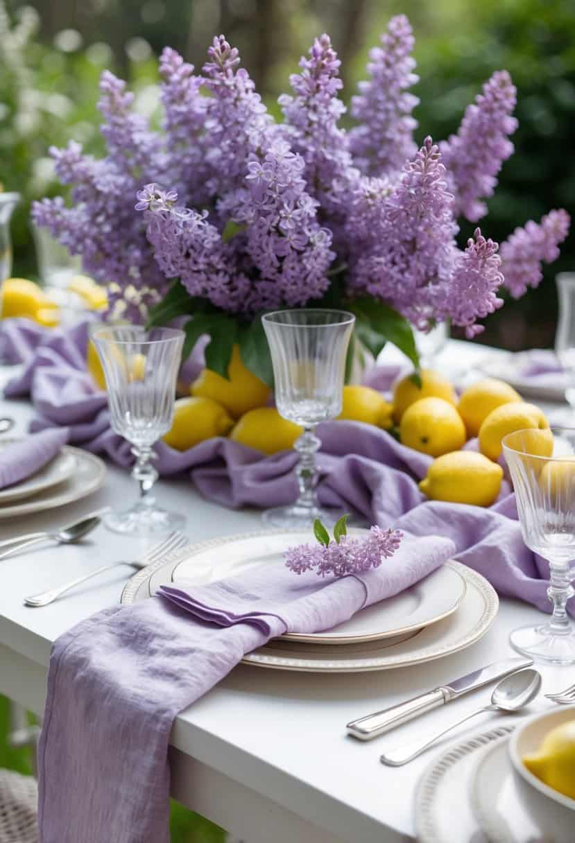 A table set outdoors with lilac flowers and yellow lemons arranged as a centerpiece, surrounded by white plates, glassware, and lilac-colored napkins.