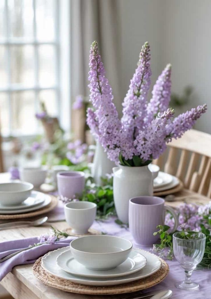 A wooden dining table is set with white dishes, glassware, and woven placemats. A vase with lilac flowers and lavender accents decorates the table.