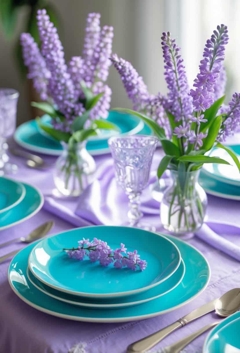 A table set with bright aqua plates and lilac flowers on a lilac-colored tablecloth.
