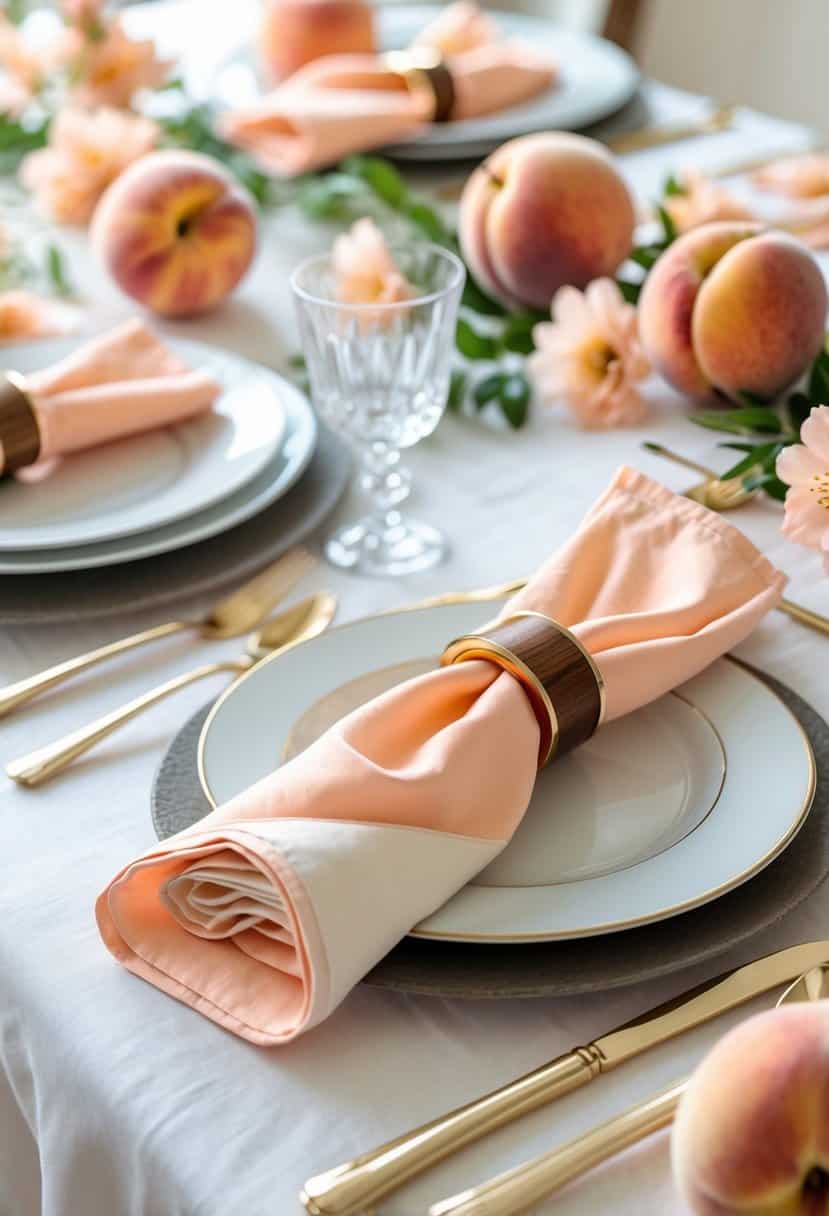 A peach-themed table setting with reversible peach and cream napkins held by rings, surrounded by plates, silverware, glassware, fresh peaches, and greenery.