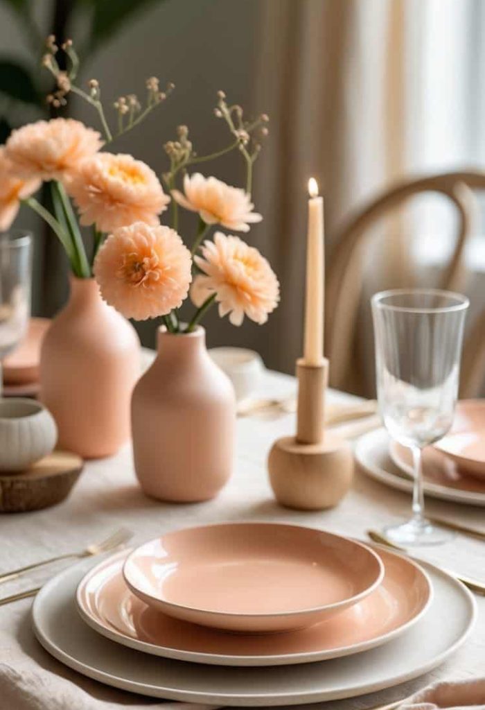 A neatly set dining table with peach-colored plates, gold cutlery, glassware, peach flowers in vases, and a lit candle on a light tablecloth.