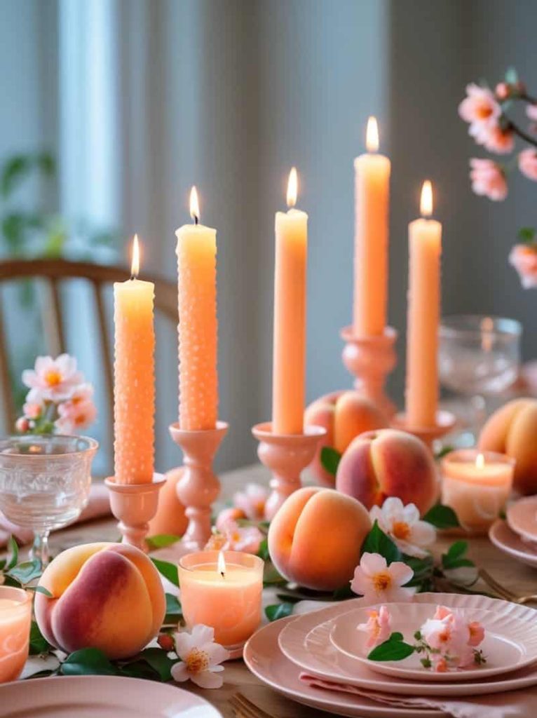 A dining table set with peach-colored candles, plates, fresh peaches, and small pink flowers, creating a soft, elegant centerpiece display.