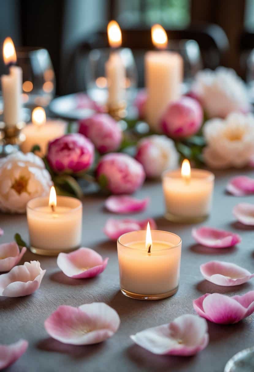 A table with small peony petals scattered around lit candles.