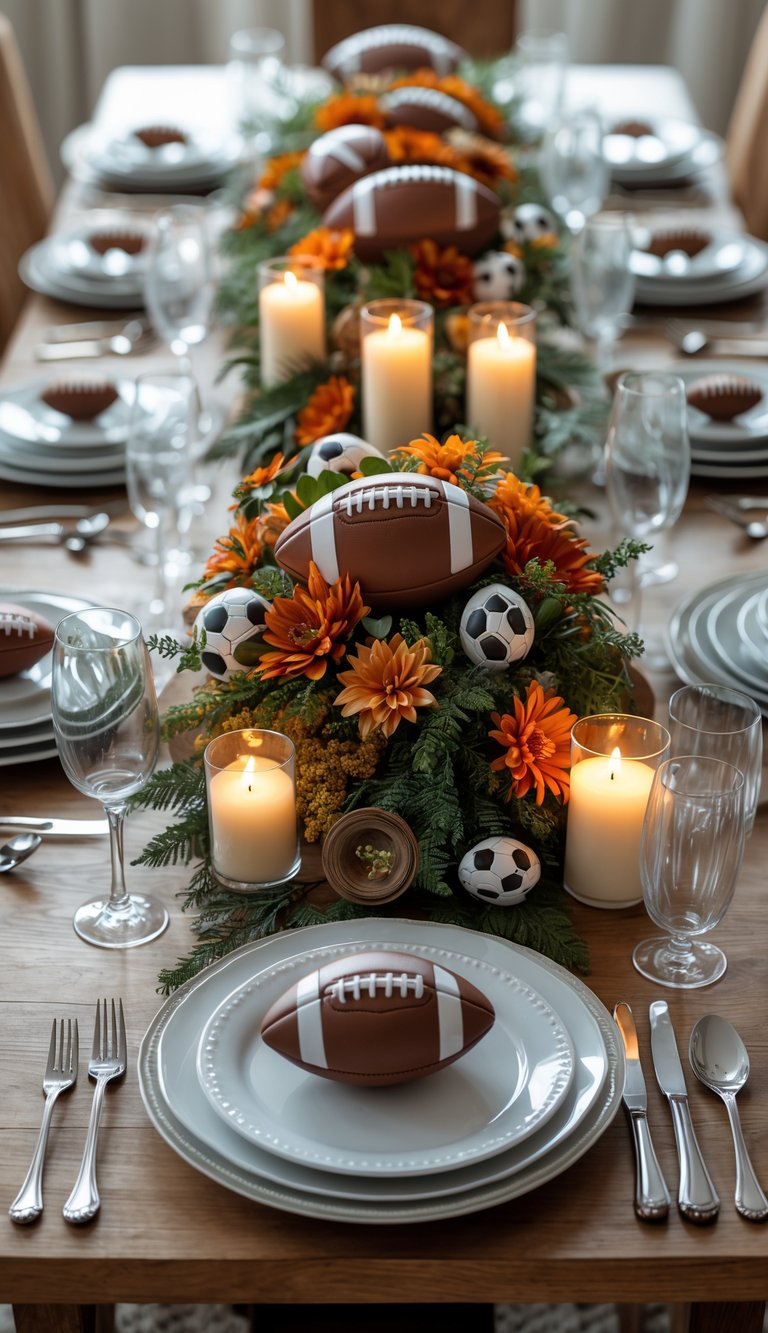 A dining table set with plates, glasses, cutlery, a floral and football-themed centerpiece, and lit candles.