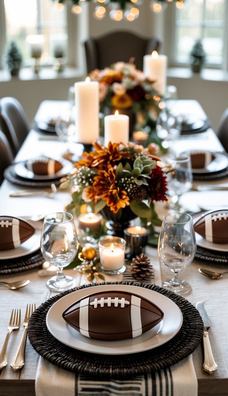 A dining table set for a football party with football-shaped serving platters, floral centerpieces, candles, and neatly folded napkins.