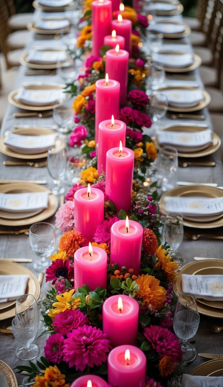 A wedding table setup with hot pink candles of different heights, colorful flowers, and elegant dinnerware arranged neatly on the table.