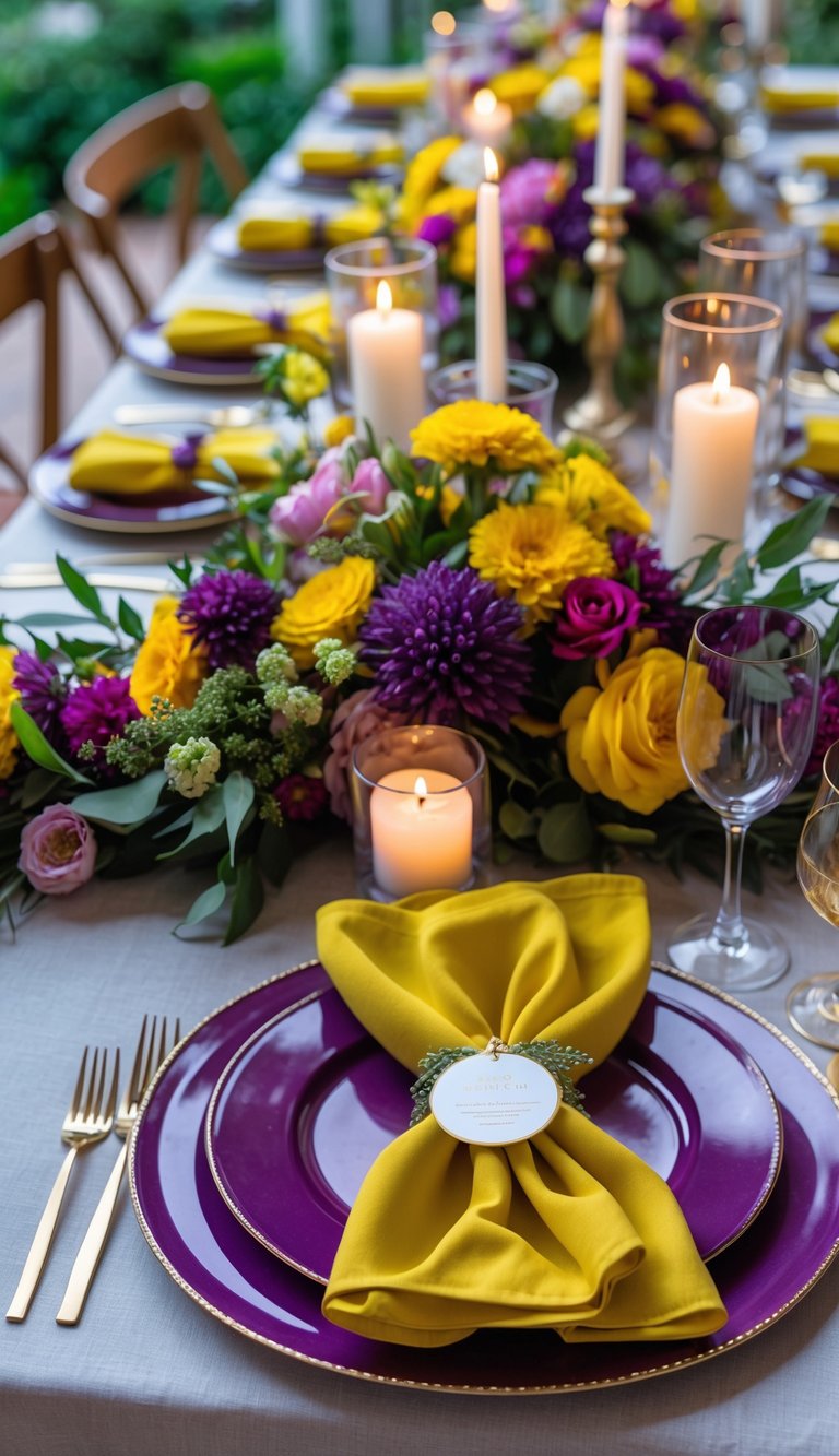 A wedding table set with yellow napkins on purple chargers, surrounded by floral centerpieces and candles.