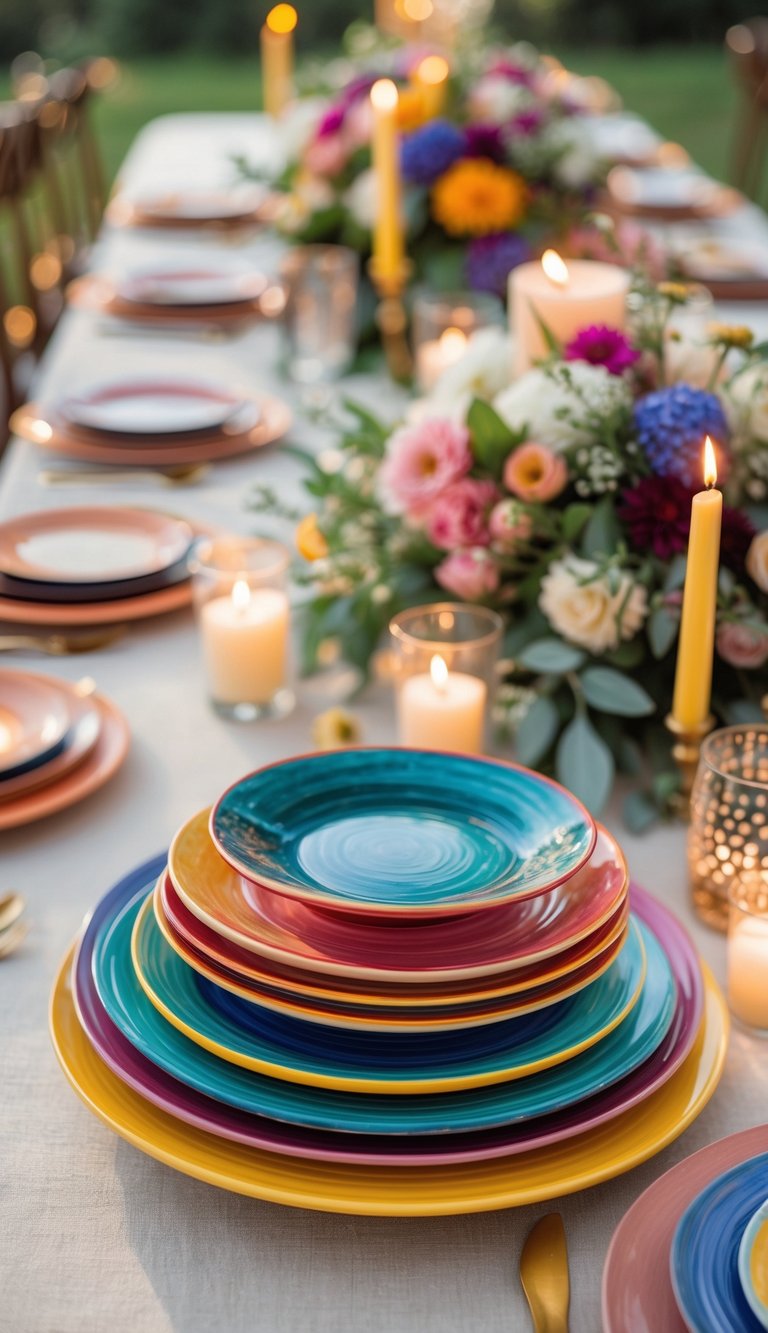 A wedding table set with stacked colorful ceramic plates, floral centerpieces, and candles arranged along the table.